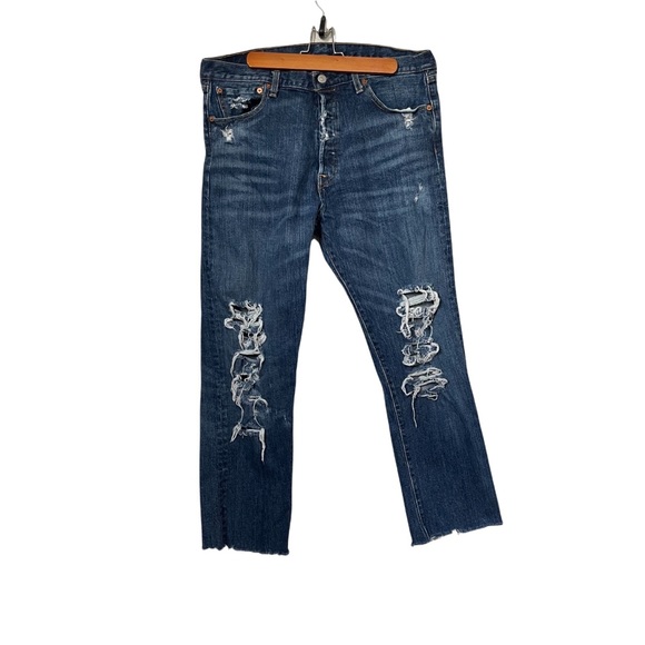 Levi's 501 Jeans Distressed Cropped Button Fly Blue Size 34 Waist Hight Waist - Picture 2 of 8